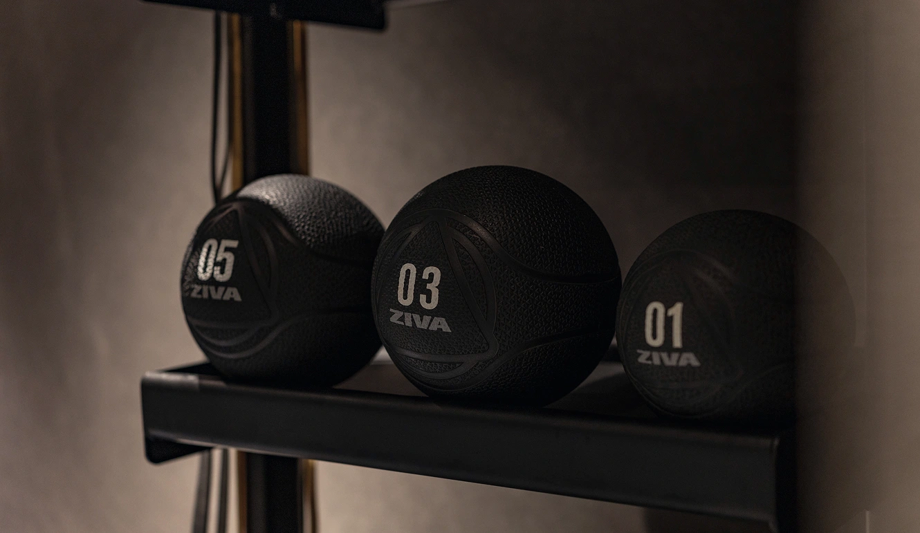 Black medicine balls of varying weights are neatly arranged on a shelf.